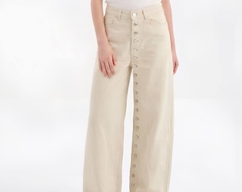100% Baumwolle Asymmetrische Taste Unten Jeans mit weitem Bein - Beige Boho Denim Hose