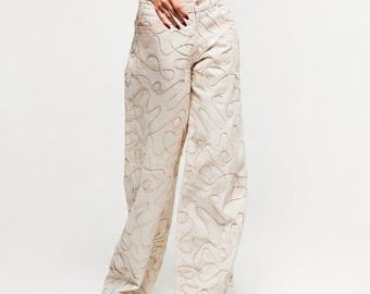 Ecru Palazzo Jeans – Textured Cord Embroidery, Wide Leg Cotton Trousers