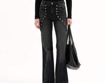 Black Flare Jeans – Military Button Detail Bell Bottom Trousers
