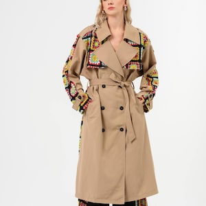 Bohemian Crochet Patchwork Trench Coat – Unique Beige Long Jacket – Fall Winter Statement Outerwear
