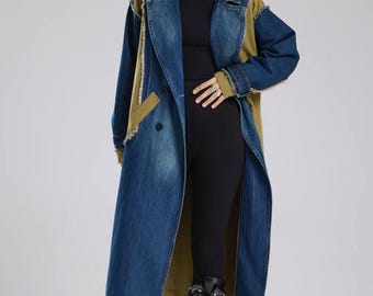 Vintage patchwork denim trenchcoat - oversized jean dusterjack - boho chic grunge lange bovenkleding