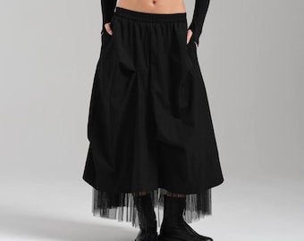 Avant-Garde Black Maxi Skirt – Layered Tulle, Elastic Waist, Pockets
