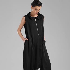 Macacão preto de algodão com gancho caído: macacão feminino estilo harem com zíper frontal