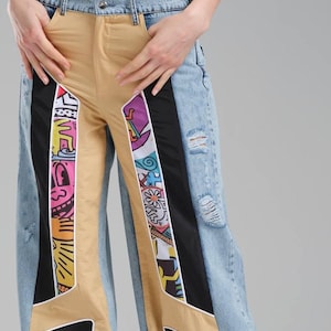Womens Patchwork Denim Pants with Pop Art & Comic book- Graffiti Jean Pants- Upcycled Jean- Retro Street Style Jeans with Distressed Detail