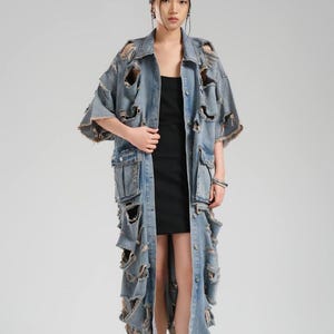 Distressed Ripped Denim Trench Coat: Oversized Maxi Overcoat
