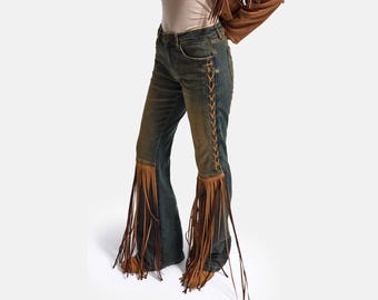 Boho Faux Suede Fringe Flare Jeans – Lace-Up Side Bell Bottoms (70s Western Style)