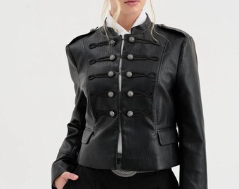 Women's Black Faux Leather Military Style Cropped Jacket