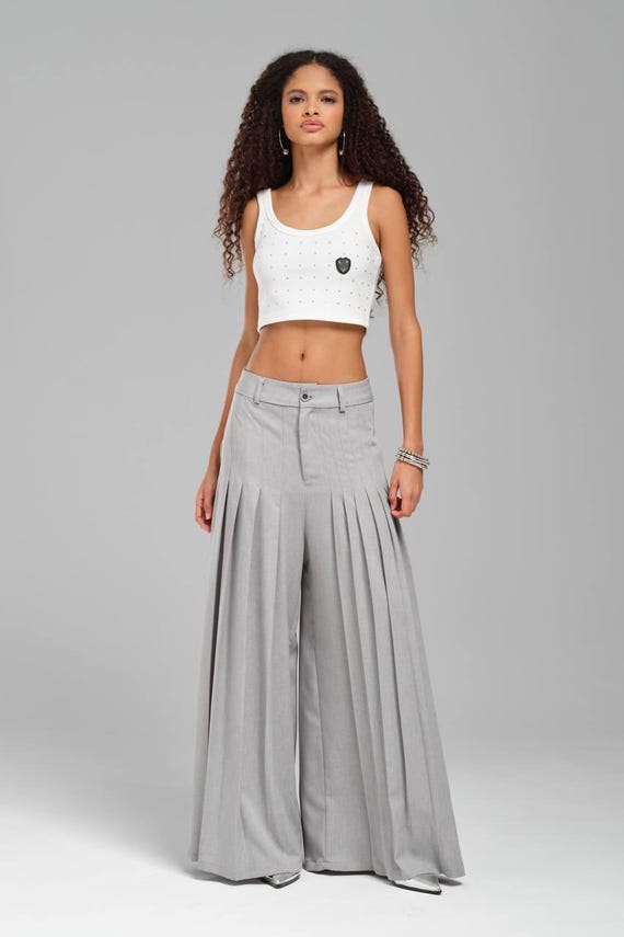Grey Pleated Wide Leg Pants for Womens - Flowy Cotton