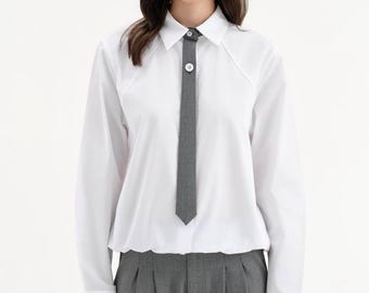 White Cotton Button-Down Blouse – Gathered Hem, Integrated Grey Tie, Preppy Style