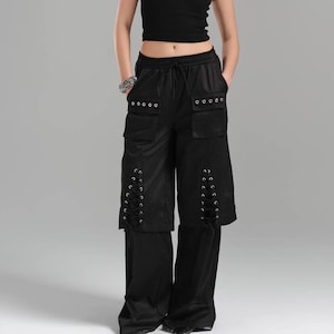 Black Goth Cargo Pants: Y2K Wide Leg Trousers with Grommets