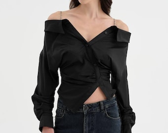 Women’s Black Asymmetric Cut Shirt with Chain Straps - Designer Style Off Shoulder Cotton Blouse