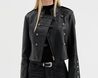 Gothic Military Faux Leather Jacket – Cropped Officer Style, Steampunk Darkwave