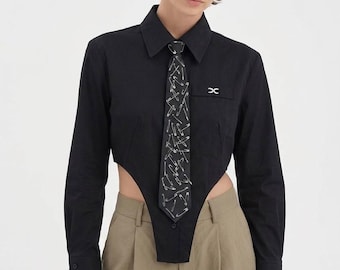 Black Cut-Out Shirt with Safety Pin Tie Detail – Avant-Garde Fashion Top