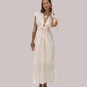 Beige Cotton Maxi dress with Drawstring Waist, and Deep V-neck - Open Back Dress for Summer -  Beach Vacations & Elegant Resort Dress