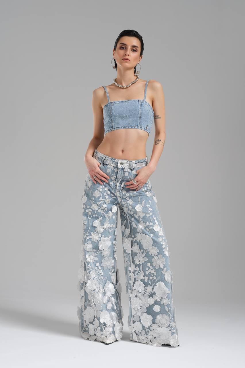 Women's Light Blue Jeans Pants With Lace Covered– Mid-rise