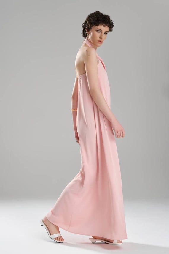 Cotton Halter Maxi Dress - Open Back Pink Sundress