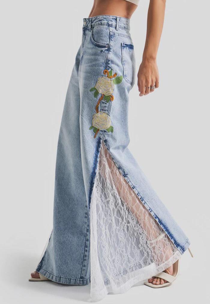 Women's Vintage Wash Red Floral Embroidered Denim Pants