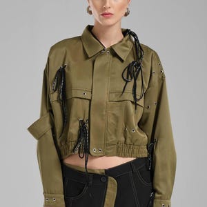 Olive Green Cotton Bomber Jacket: Cropped Boho Streetwear