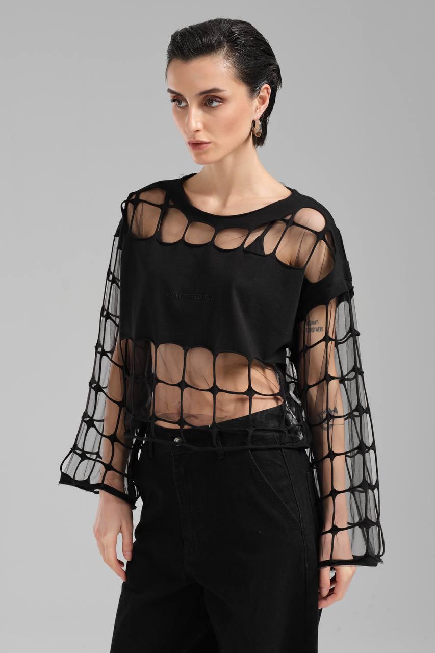 tulle flower blouse/black - akiki