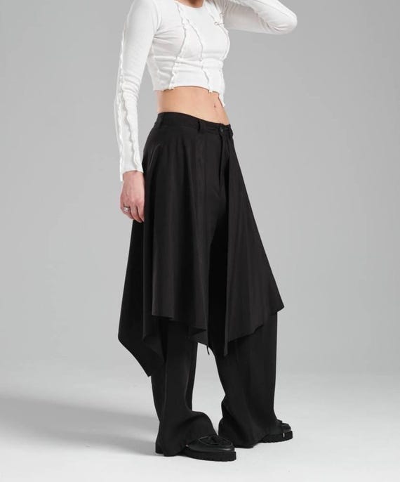 Black Asymmetric Skirt Pants: Gothic Grunge Cotton Trousers