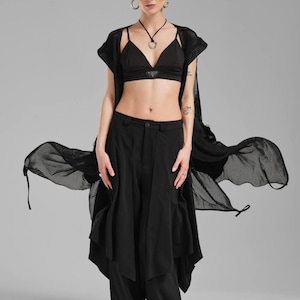 Asymmetric Black Long Vest – Mesh Tunic with Sateen Big Pockets - Extravagant Sleeveless Jacket for Spring & Summer - Edgy Street Style