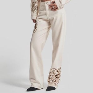 Embroidered Loose Fit Denim Pants – Women&#39;s 100% Cotton High Waisted Cream Jeans – Boho Relaxed Fit Trousers - Floral Jeans - Unique Gift