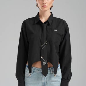 Black Cotton Shirt with Tie for Womens- Asymmetrical Shirt with Long Sleeves- Avant Garde& Edgy Blouse- Button Up Shirt- Unique Design Shirt