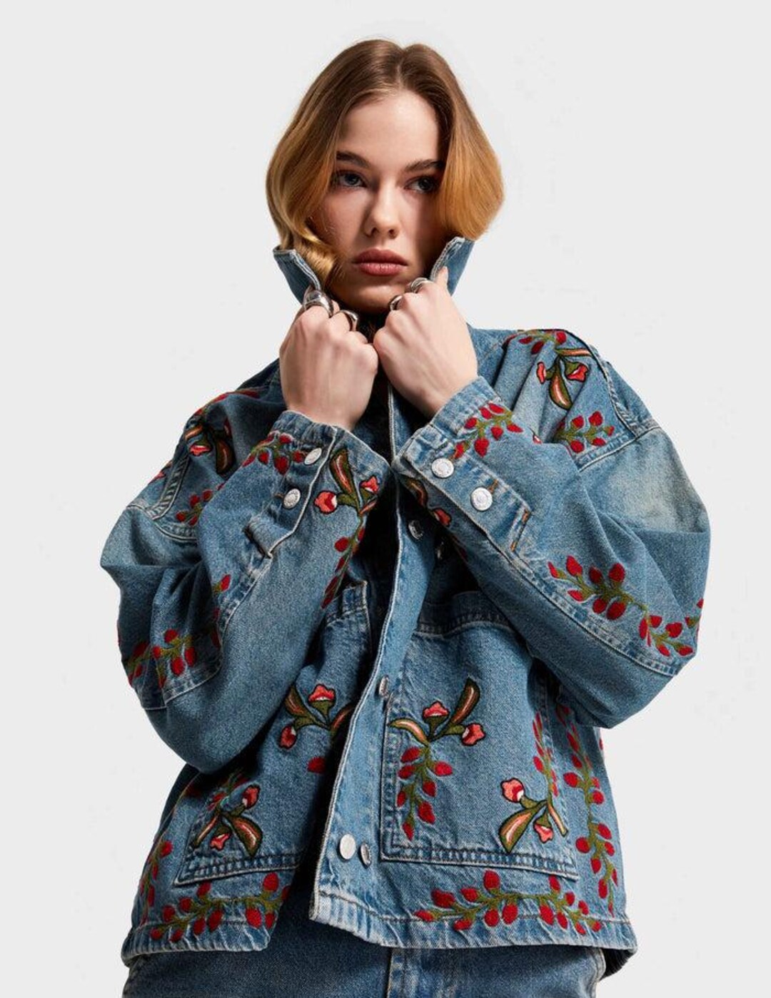 Oversized Denim Jacket: Women's Boho Floral Embroidery, Relaxed Fit - Etsy