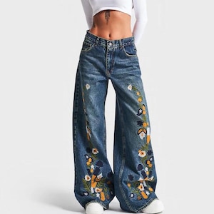 Women&#39;s Floral Embroidered Boho Jean - Wide Leg Midrise Denim Pants – Hippie Style Jeans- 100% Cotton Colorful Jean Pants - Unique Gift