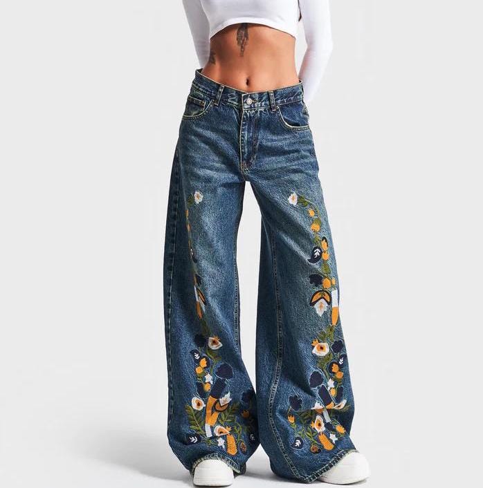 Hippie Jeans Embroidered Jeans Hippie Patched Jeans Wide Leg