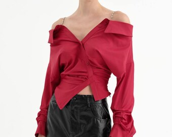 Women’s Red Off-Shoulder Asymmetric Shirt with Chain Straps - Cotton Button Front Top for Christmas and New Year Party