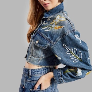 Cropped Denim Jackets with Floral Embroidery for Womens- Boho Embroidered Jacket-  Frayed Hem Denim Coat- Retro Denim Festival Jacket