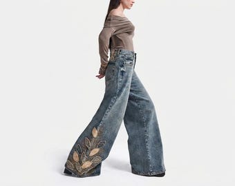 Embroidered Leaf Palazzo Jeans: 100% Cotton Wide-Leg Denim