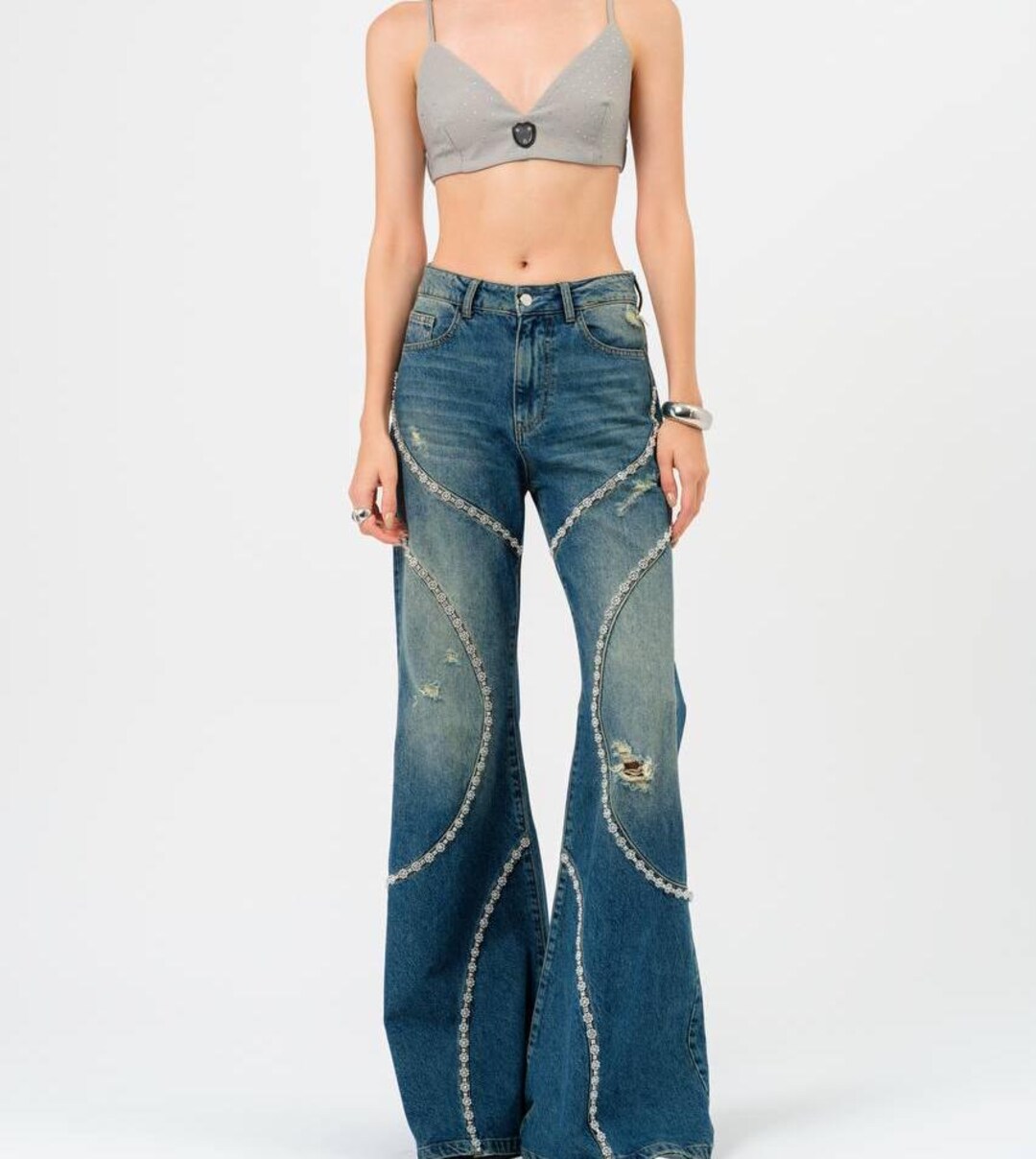 Red and Green Shimmering Sequin Bell Bottom Jeans
