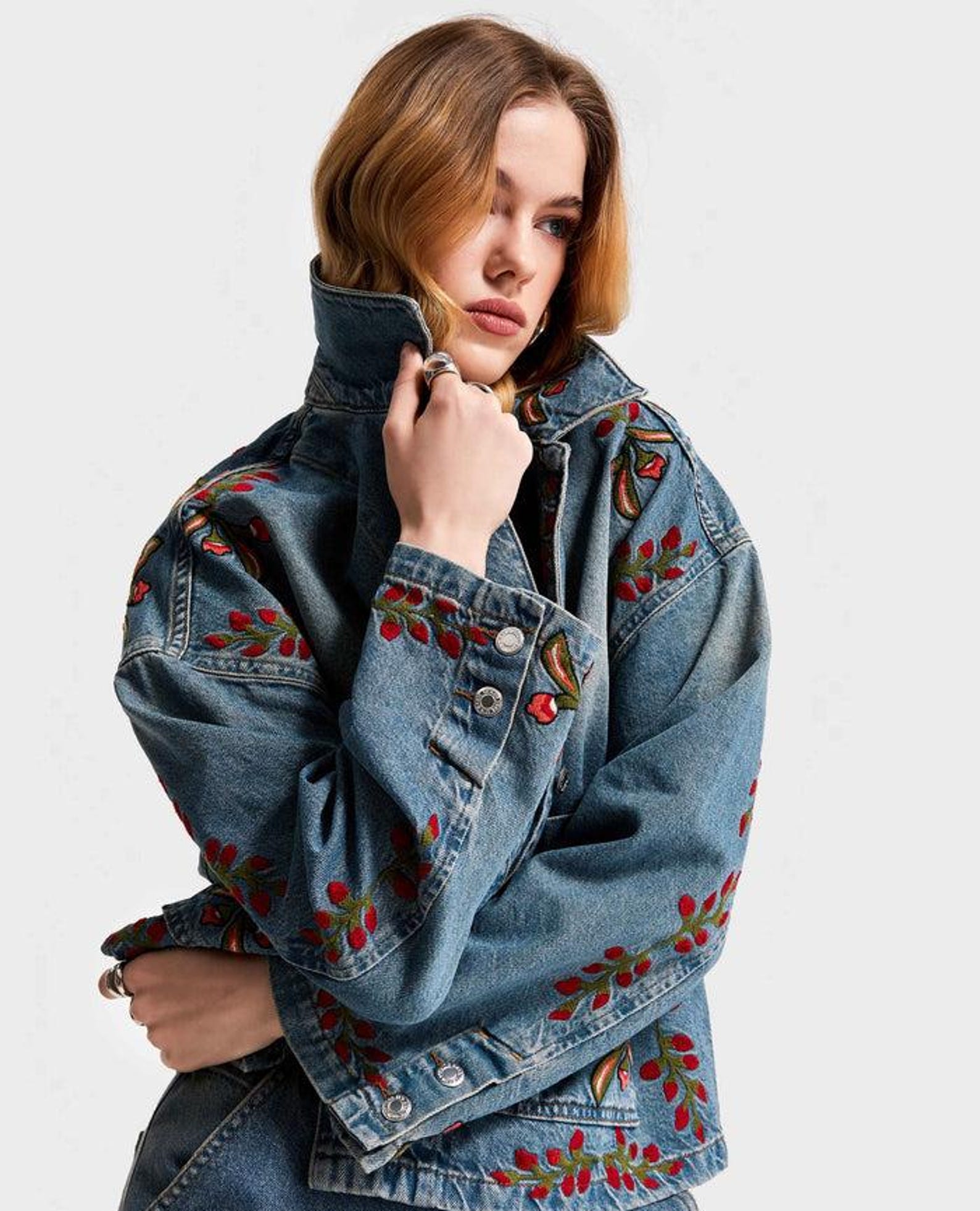 Athena Floral Oversized  Denim Jacket - Taupe
