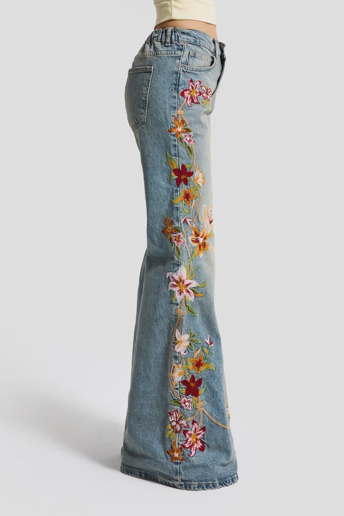 Floral Embroidered Flare Jeans – 70s Retro Denim Pants - Etsy
