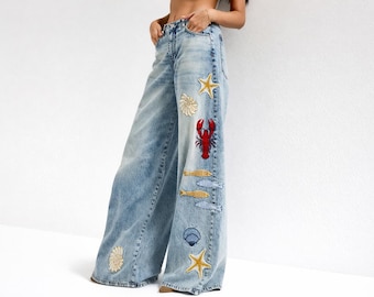 Embroidered Wide Leg Jeans – Coastal Grandmother Denim, Marine Life