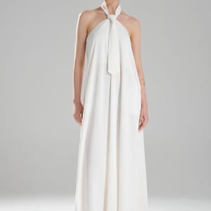 White Halter Neck Maxi Dress – Elegant Flowy Oversized Sleeveless Dress with Scarf Tie -  Open Shoulder Minimalist Bridal or Bridesmaid Gown