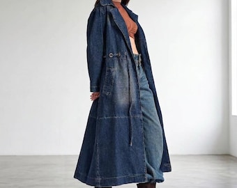 Oversized Dark Wash Denim Trench Coat – Vintage Style Duster Jacket (100% Cotton)