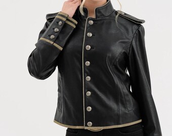 Black Faux Leather Hussar Jacket – Gold Trim Military Gothic Steampunk Coat