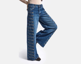 Wide Leg Jeans Women - Military Button Palazzo Denim - Napoleon Style Baggy Jeans - Vintage Blue Wash Pants -Y2K Streetwear