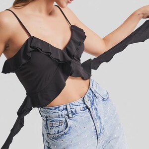 Black Asymmetric Bustier Top: Boho Cotton Strappy Crop