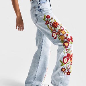 Women&#39;s Jeans in Snow Color Loose Fit Mid-Rise 100% Cotton Denim Pants– Floral Embroidered Relaxed Jeans- Boho Jeans- Colorful Jean Pant