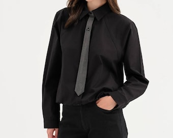 Black Cotton Tie Blouse for Women- Gathered Hem Front Buttoned Shirt