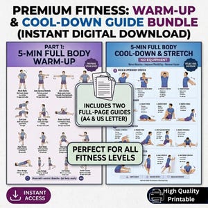 Może przedstawiać: Cyfrowy pakiet przewodników fitness z rutynami rozgrzewki i wyciszenia. Zawiera dwa pełnostronicowe przewodniki z ilustrowanymi ćwiczeniami. Przewodniki są przeznaczone dla wszystkich poziomów sprawności i są do natychmiastowego pobrania.