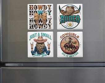 Western Cowgirl Fridge Magnet Set: Rodeo, Howdy, Small Town (Set of 4)