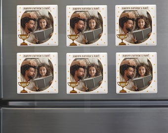 Father’s Day Photo Magnet – Custom with Your Photo – Pre-Designed Frame with Happy Father’s Day Text & Best Dad Trophy, Set of 6