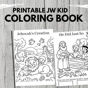 Könnte beinhalten: Ausdruckbares JW Kid Malbuch mit zwei Seiten. Eine Seite trägt den Titel "Jehovas Schöpfung" mit Illustrationen von Tieren und einem Kind. Die andere Seite trägt den Titel "He Did Just So" mit Illustrationen von Menschen und Werkzeugen.