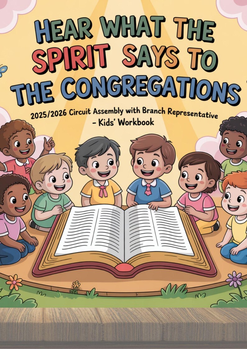 K&ouml;nnte beinhalten: Eine farbenfrohe Illustration von Kindern, die sich um ein offenes Buch versammeln. Der Text oben lautet "HEAR WHAT THE SPIRIT SAYS TO THE CONGREGATIONS". Darunter steht "2025/2026 Circuit Assembly with Branch Representative - Kids' Workbook."