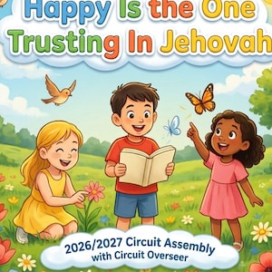 May include: A colouring book cover titled Happy Is the One Trusting In Jehovah, featuring three children in a grassy field with flowers, birds, and butterflies. The text 2026/2027 Circuit Assembly with Circuit Overseer is printed at the bottom.
